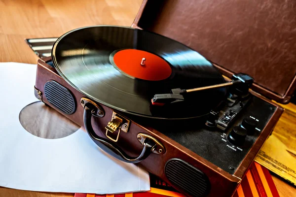 Gramofon Případě Přehrávání Vinylových Desek — Stock fotografie