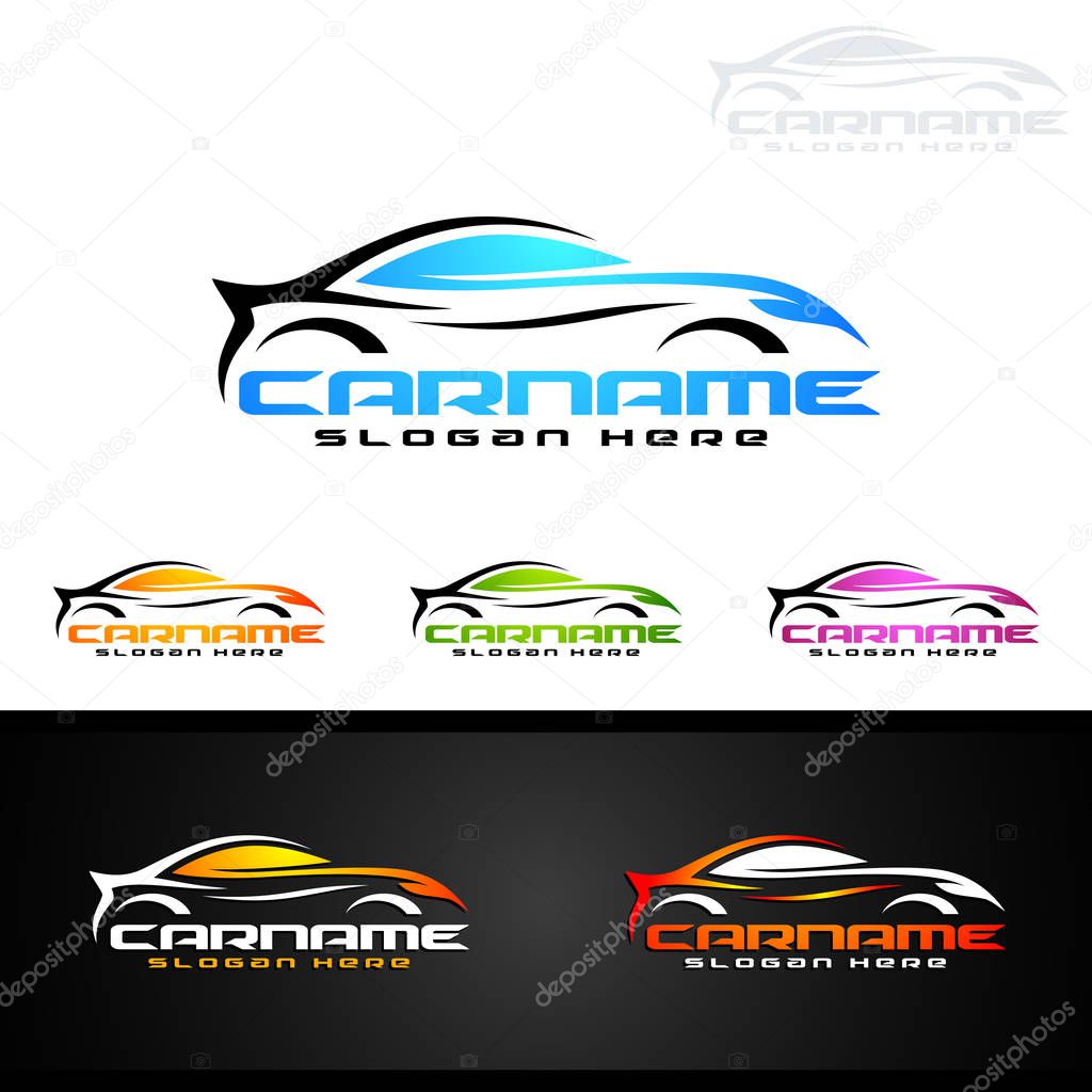 Auto style car logo design with concept sports vehicle icon silhouette on light grey background. Vector illustration