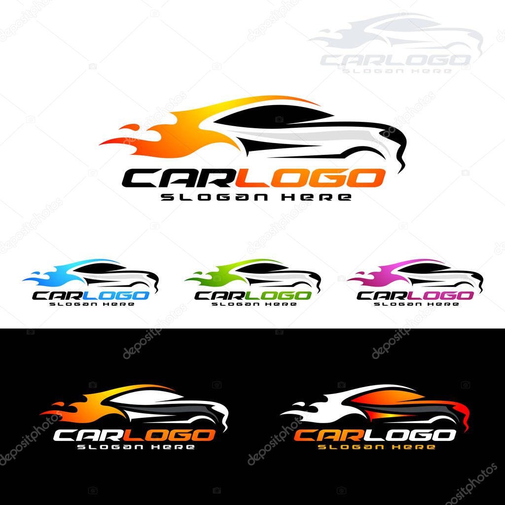 Auto style car logo design with concept sports vehicle icon silhouette on light grey background. Vector illustration