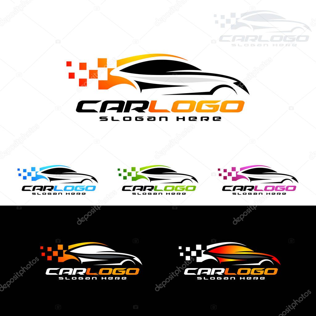 Auto style car logo design with concept sports vehicle icon silhouette on light grey background. Vector illustration