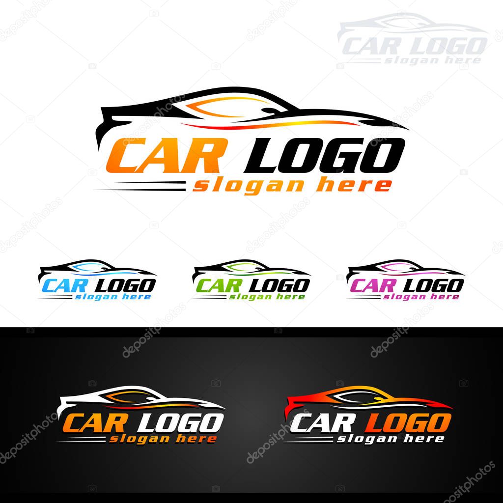 Auto style car logo design with concept sports vehicle icon silhouette on light grey background. Vector illustration