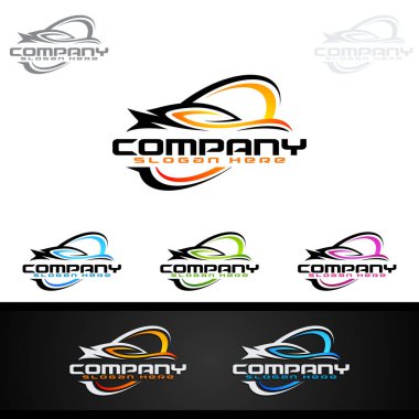 Açık gri arka planda konsept spor araç silueti olan araba logosu tasarımı. Vektör illüstrasyonu