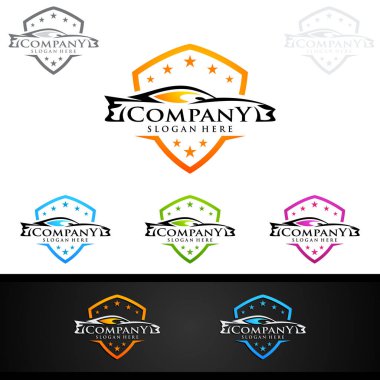 Açık gri arka planda konsept spor araç silueti olan araba logosu tasarımı. Vektör illüstrasyonu