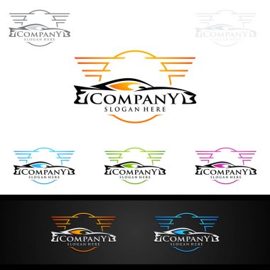 Açık gri arka planda konsept spor araç silueti olan araba logosu tasarımı. Vektör illüstrasyonu