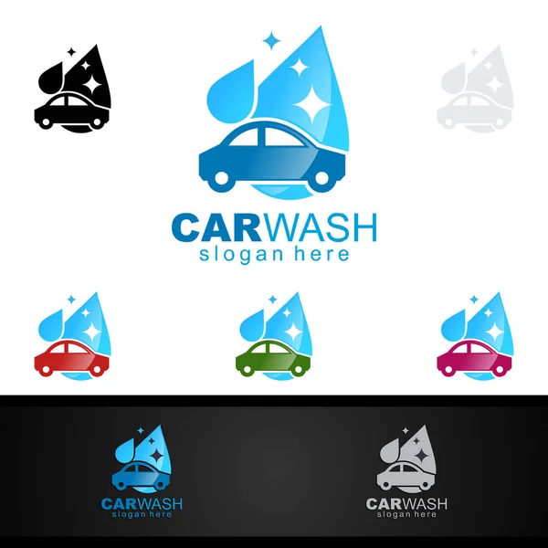 Car Wash Logo Met Auto Silhouet Water Splash Vector Logo — Stockvector