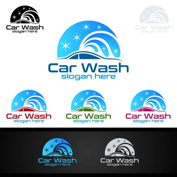 Car Wash Logo Met Auto Silhouet Water Splash Vector Logo — Stockvector
