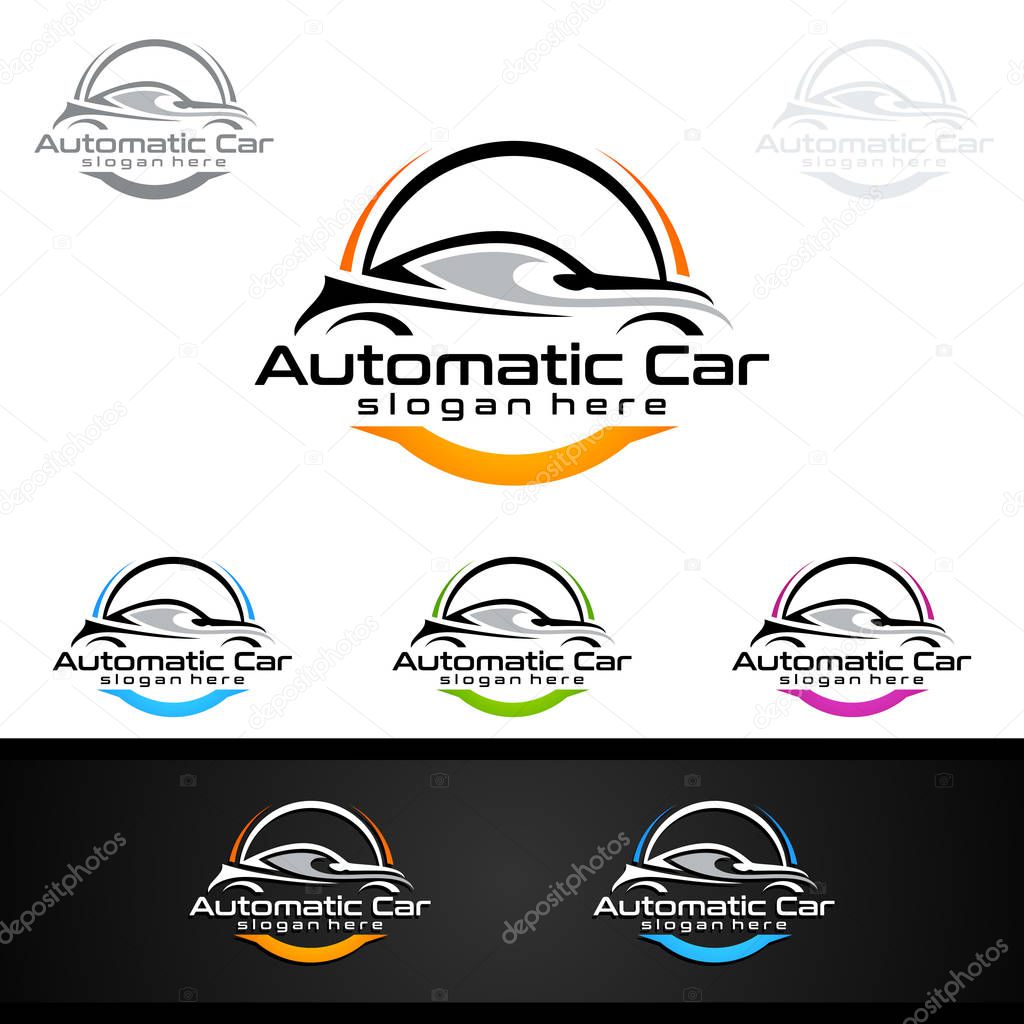 Auto style car logo design with concept sports vehicle icon silhouette on light grey background. Vector illustration