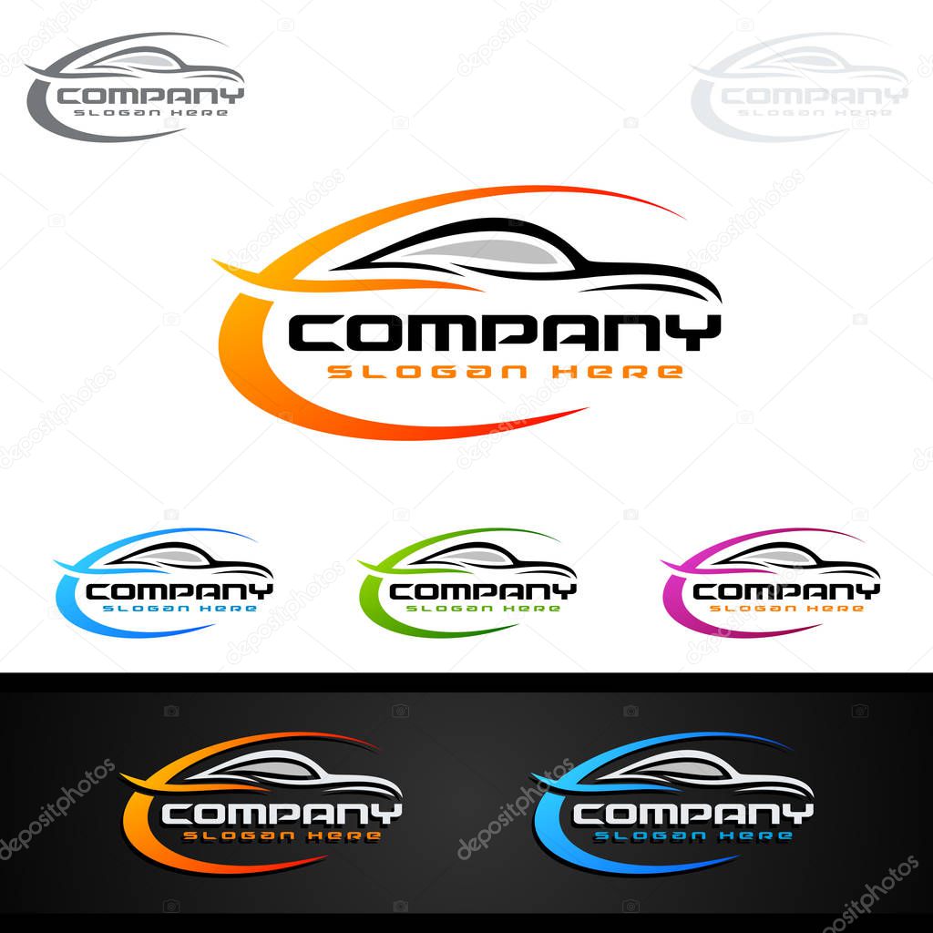 Auto style car logo design with concept sports vehicle icon silhouette on light grey background. Vector illustration