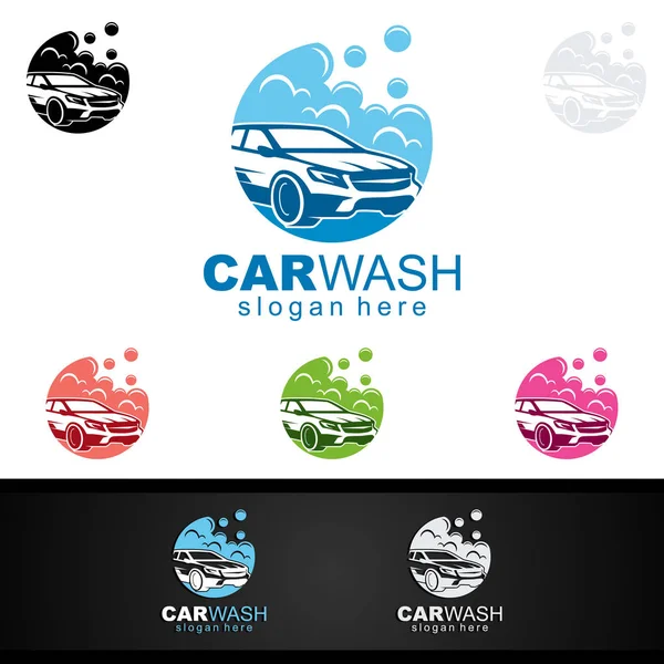 Car Wash Logo Met Auto Silhouet Water Splash Vector Logo — Stockvector