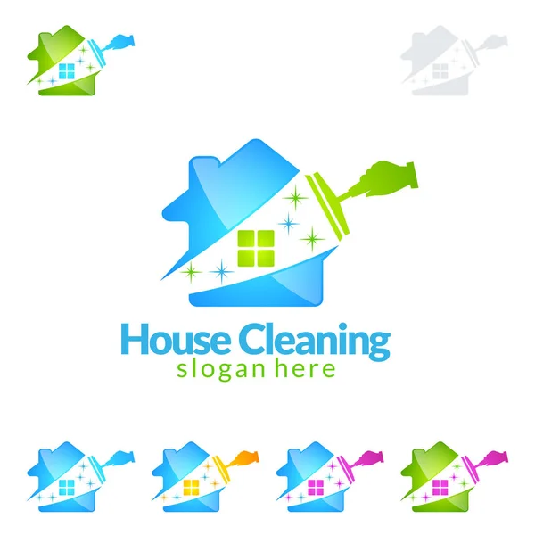 House Cleaning Vector Logo Design Környezetbarát Fényes Üveg Ecset Spray — Stock Vector