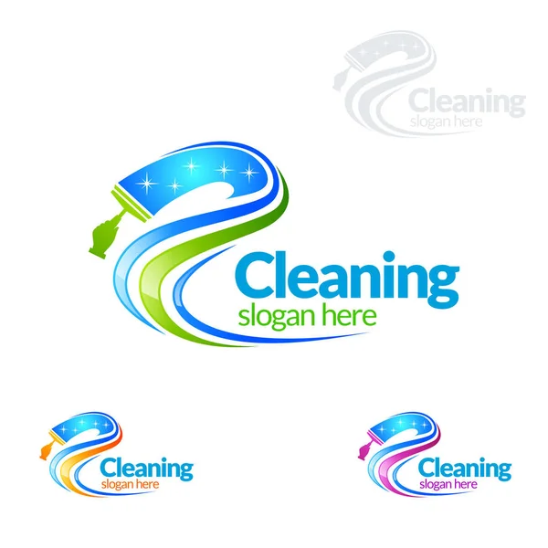 House Cleaning Vector Logo Design Eco Friendly Shiny Glass Brush — Stock Vector