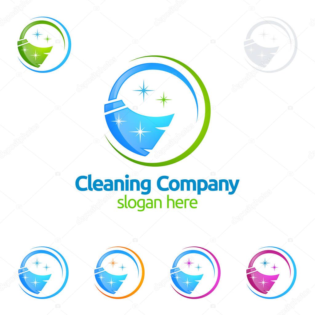 House Cleaning Vector Logo Design, Eco Friendly with shiny glass brush and spray Concept isolated on white Background