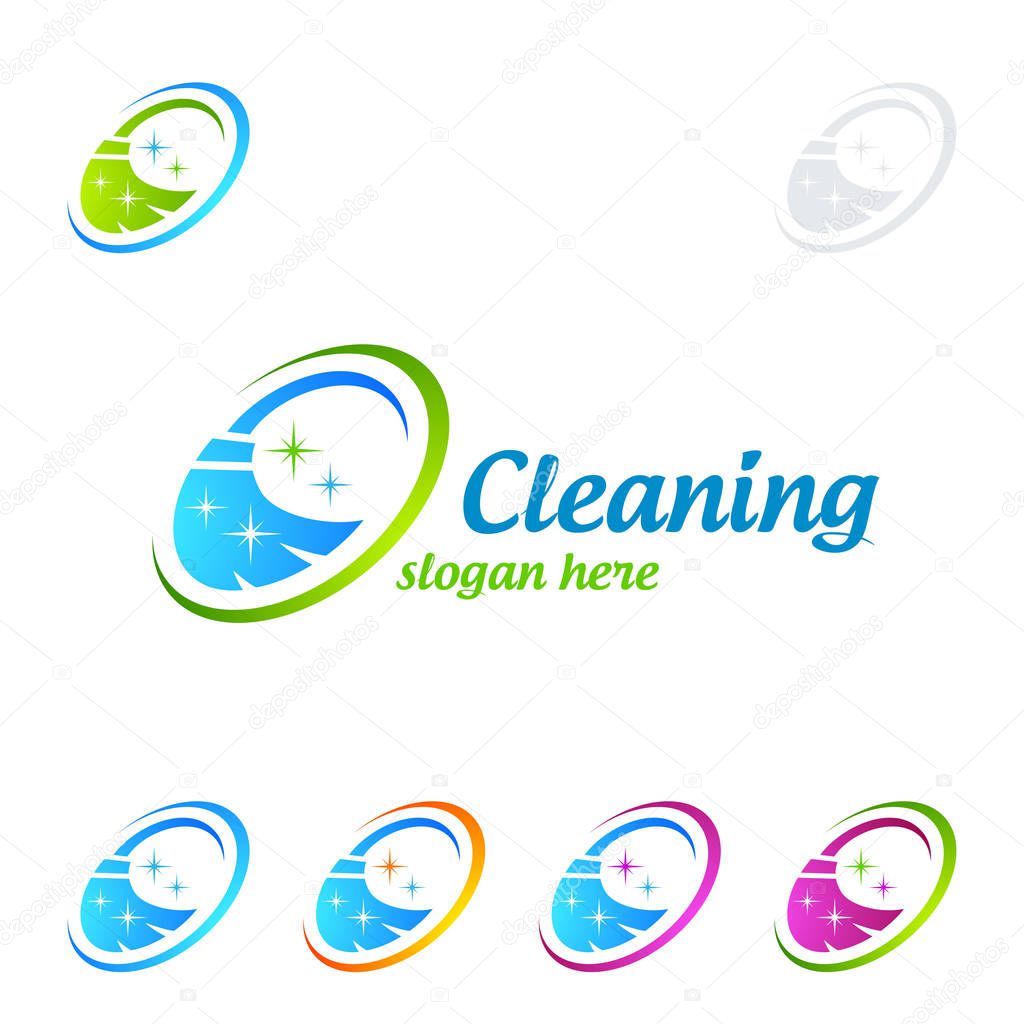 House Cleaning Vector Logo Design, Eco Friendly with shiny glass brush and spray Concept isolated on white Background