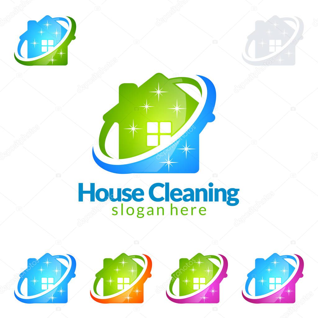 House Cleaning Vector Logo Design, Eco Friendly with shiny glass brush and spray Concept isolated on white Background