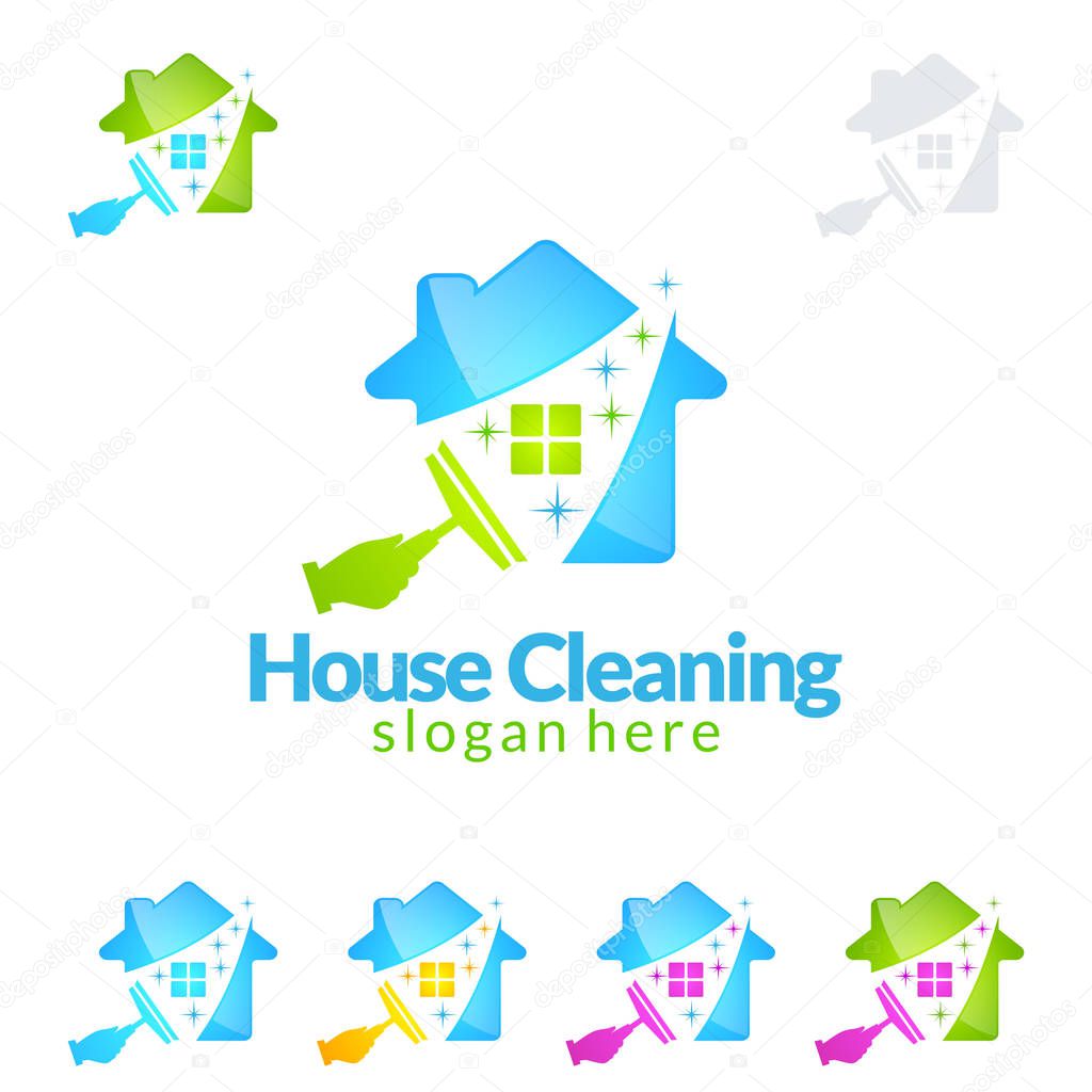 House Cleaning Vector Logo Design, Eco Friendly with shiny glass brush and spray Concept isolated on white Background
