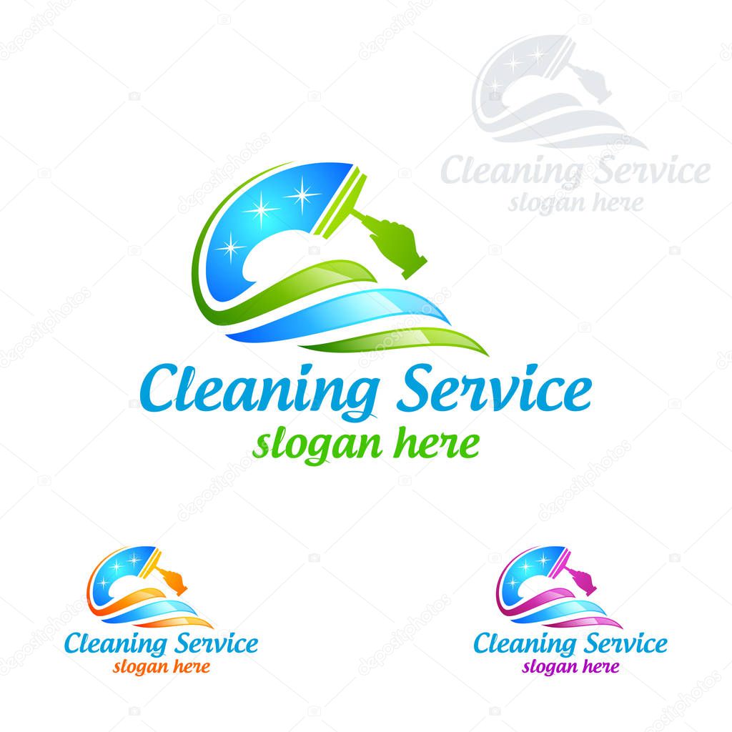 House Cleaning Vector Logo Design, Eco Friendly with shiny glass brush and spray Concept isolated on white Background
