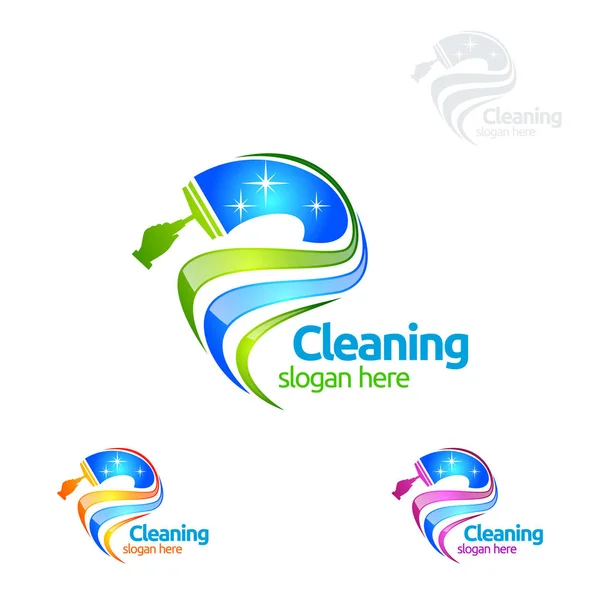 Conception Logo Vectoriel Nettoyage Maison Respectueux Environnement Avec Brosse Verre — Image vectorielle