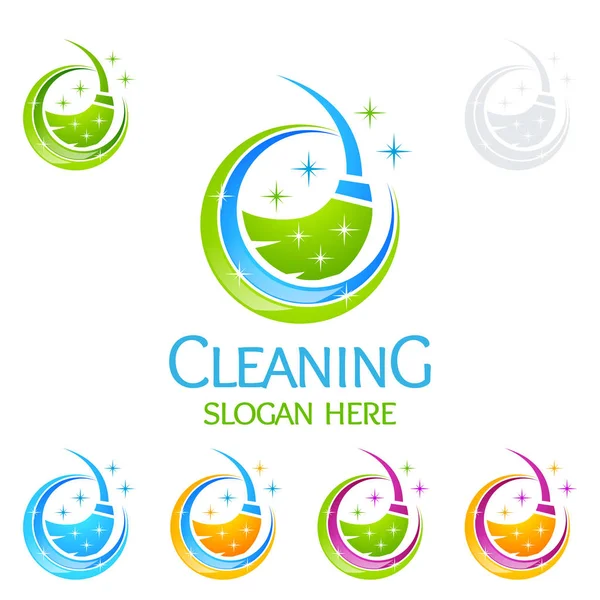 House Cleaning Vector Logo Design Eco Friendly Shiny Glass Brush — Stock Vector