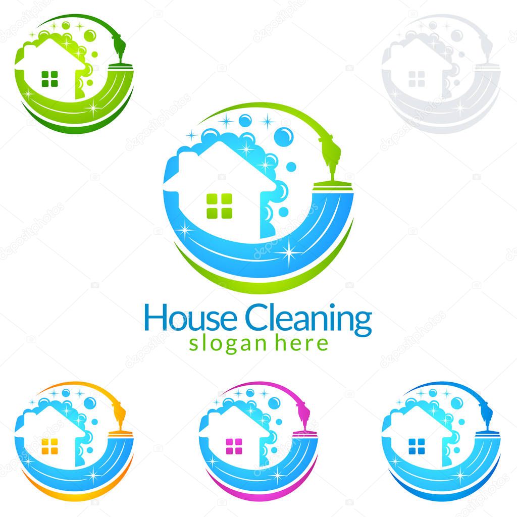 House Cleaning Vector Logo Design, Eco Friendly with shiny glass brush and spray Concept isolated on white Background