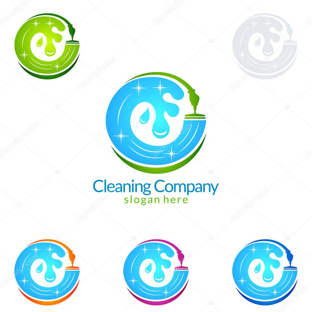 House Cleaning Vector Logo Design, Eco Friendly with shiny glass brush and spray Concept isolated on white Background