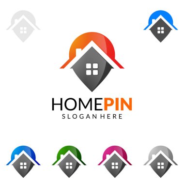 Emlak vektör logo tasarım, basit realty PIN ve ev ile güçlü, konumu, arama ve modern gayrimenkul temsil