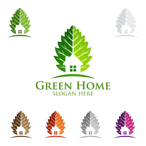 绿色家居标志 房地产矢量标志设计与房子和生态的形状 孤立的白色背景 — 图库矢量图片