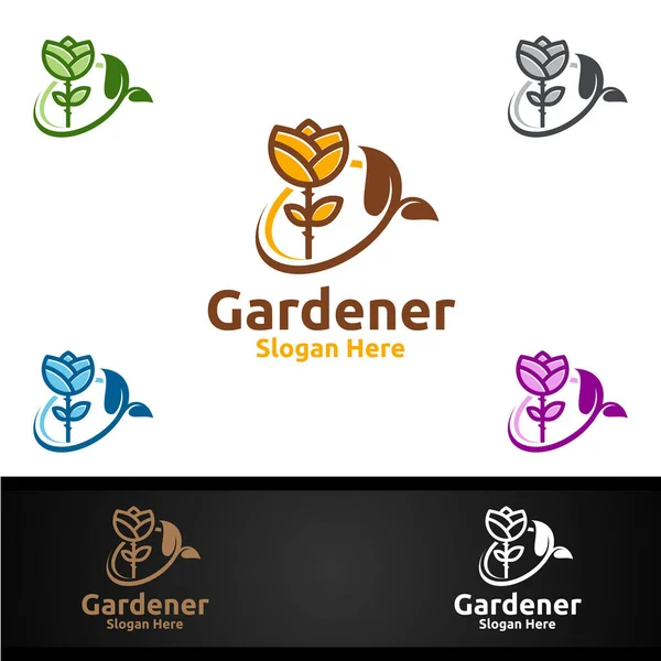 Logotipo Jardineiro Rosa Com Ambiente Verde Jardim Ilustração Botânica Projeto — Vetor de Stock