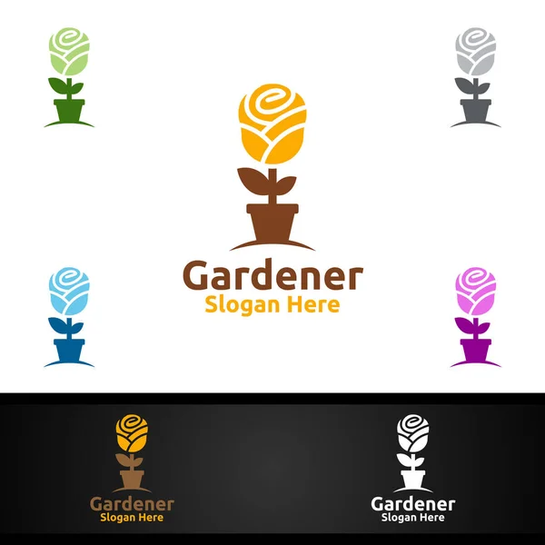 Rose Gardener Logo Green Garden Environment Botanical Agriculture Vector Design — 스톡 벡터