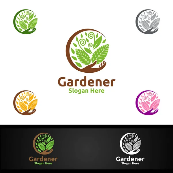 Logotipo Del Cuidado Del Jardinero Con Ambiente Verde Del Jardín — Vector de stock