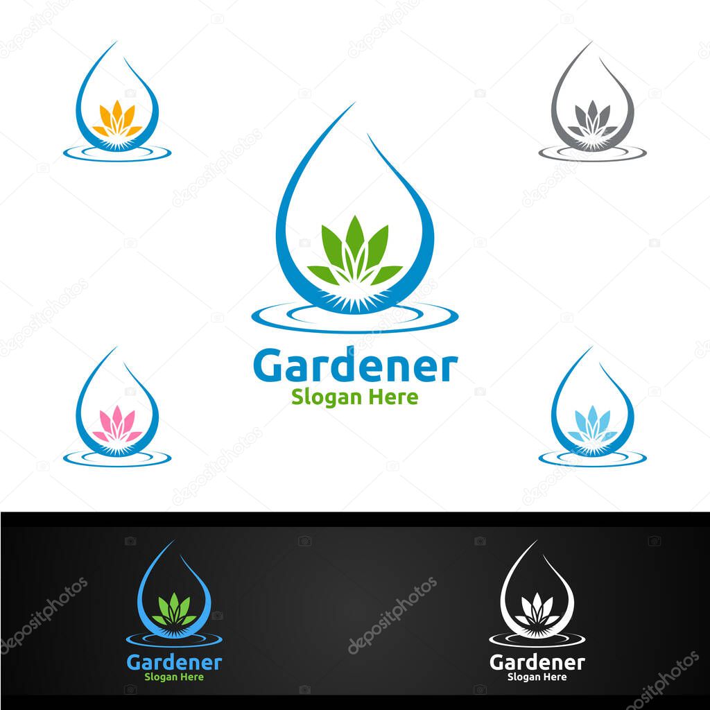 Water Gardener Logo with Green Garden Environment or Botanical Agriculture Vector Design Illustration
