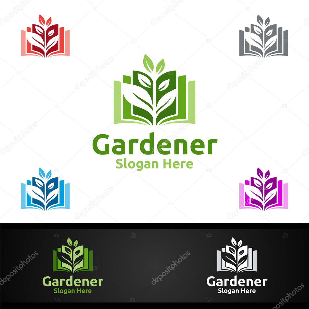 Book Gardener Logo with Green Garden Environment or Botanical Agriculture
