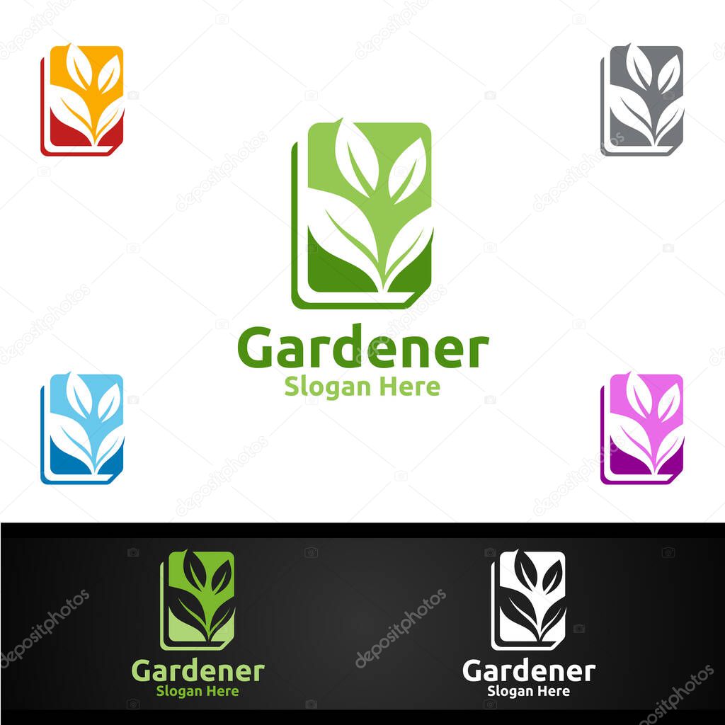 Book Gardener Logo with Green Garden Environment or Botanical Agriculture