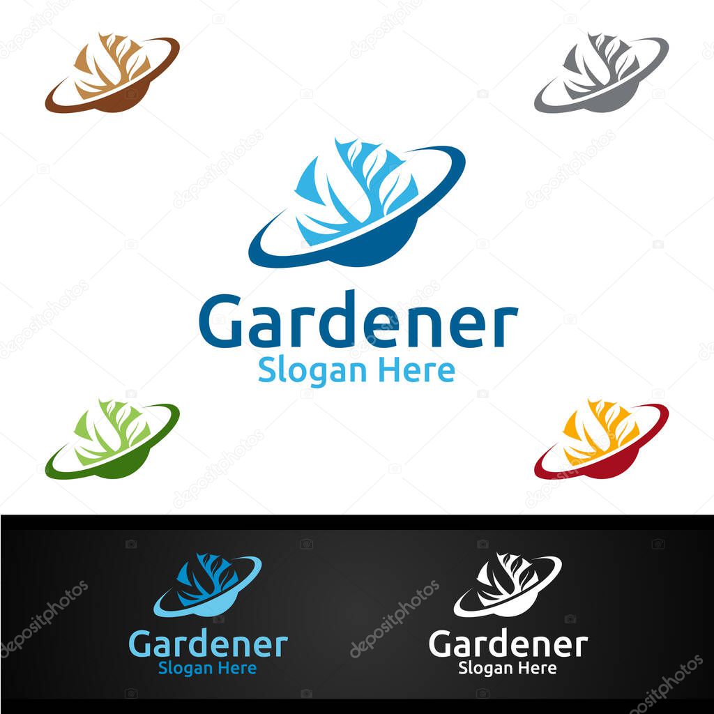 Planet Gardener Logo with Green Garden Environment or Botanical Agriculture Design