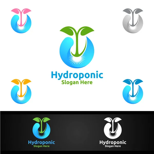 Water Hydroponic Gardener Logo Met Groene Tuin Milieu Botanische Landbouw — Stockvector