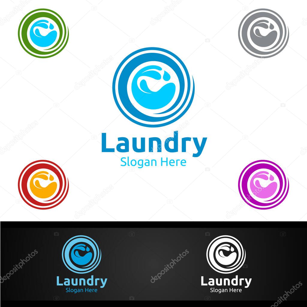 Laundry Dry Cleaners Logo with Clothes, Water and Washing Concept Design