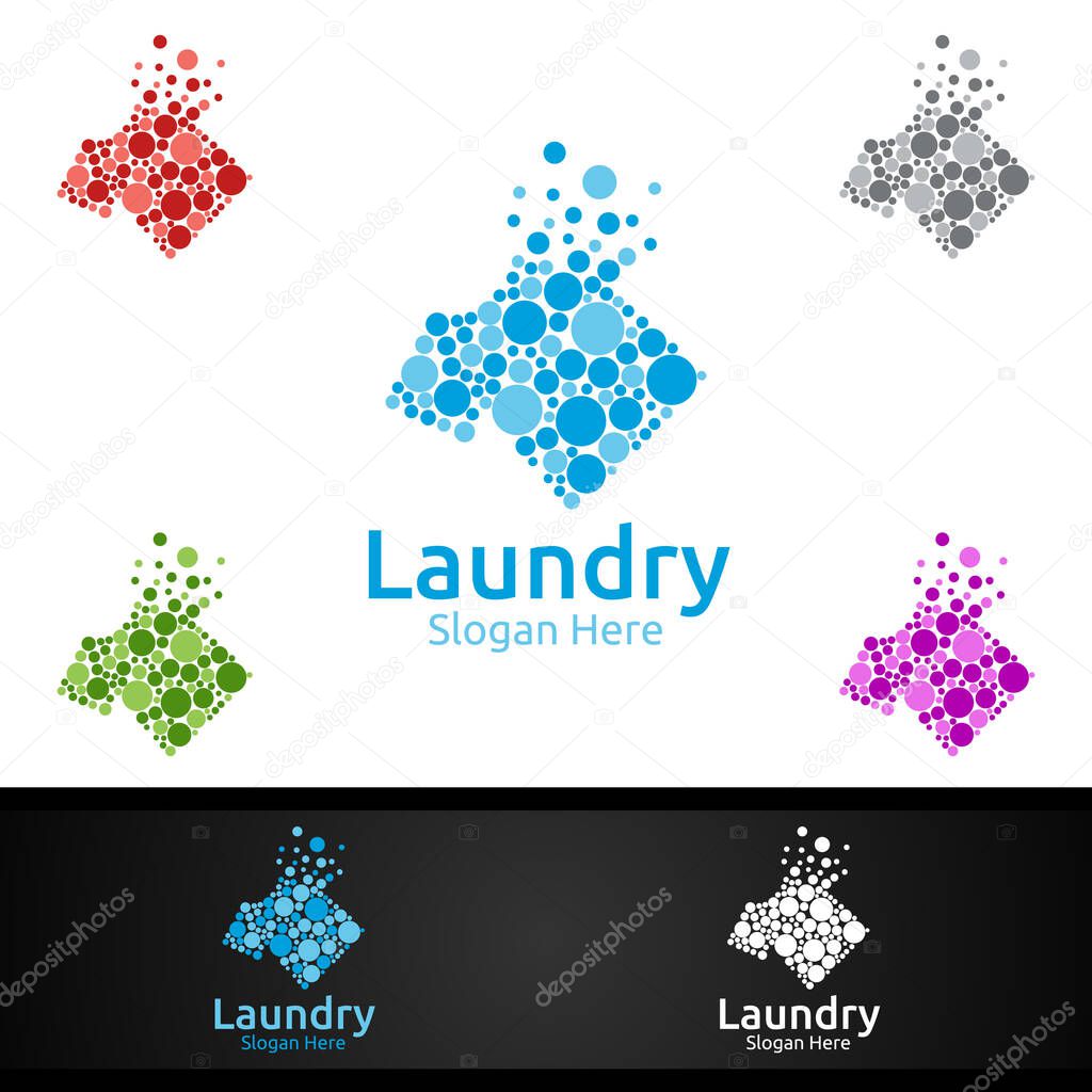 Laundry Dry Cleaners Logo with Clothes, Water and Washing Concept Design