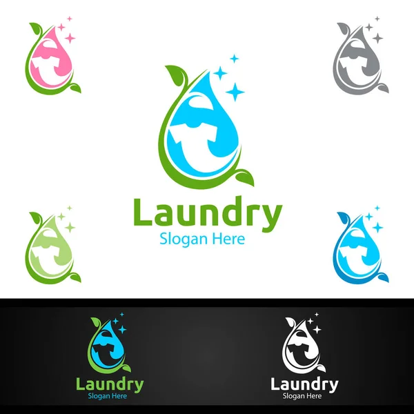 Eco Wasserij Stomerij Logo Met Kleding Water Wassen Concept Ontwerp — Stockvector