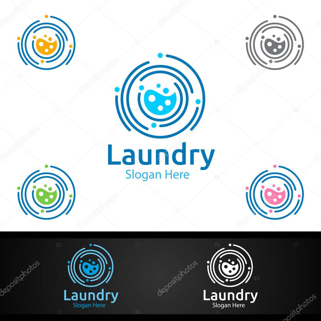 Laundry Dry Cleaners Logo with Clothes, Water and Washing Concept Design