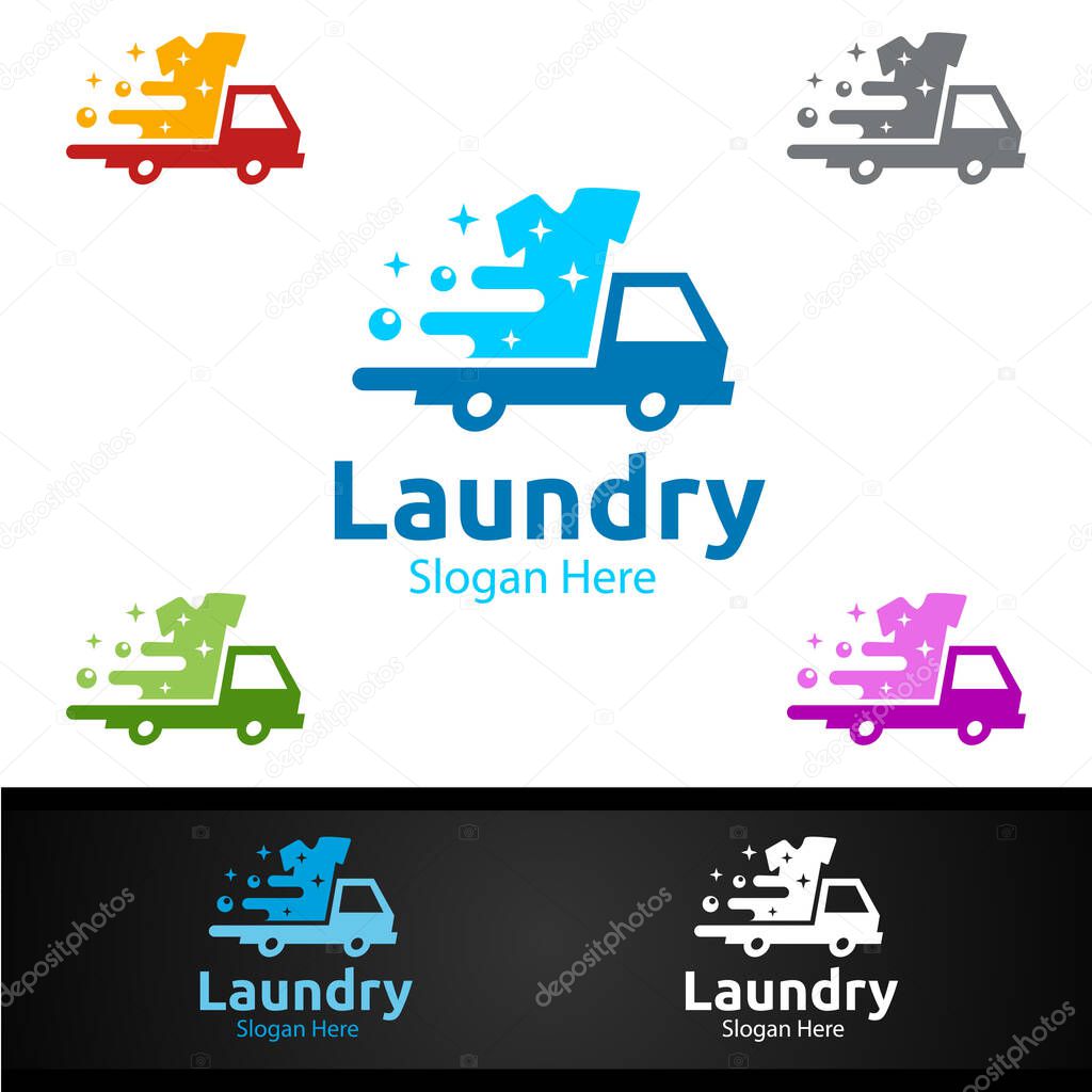 Delivery Laundry Dry Cleaners Logo with Clothes, Water and Washing Concept Design