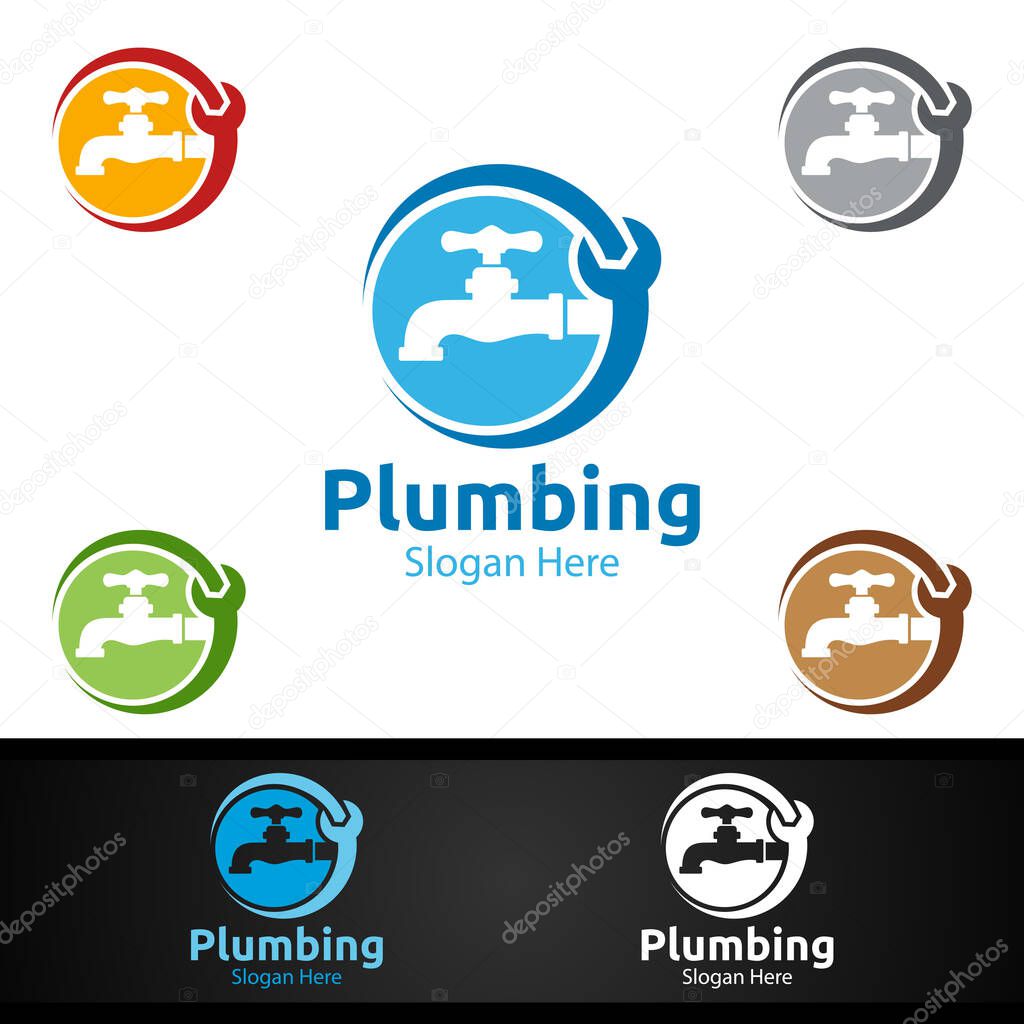 Hand Plumbing Logo with Water and Fix Home Concept Design