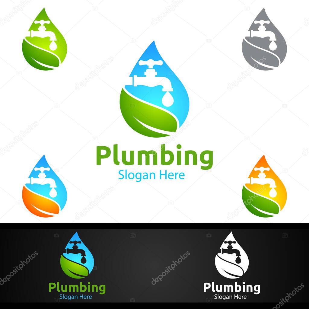 Eco Plumbing Logo with Water and Fix Home Concept Design