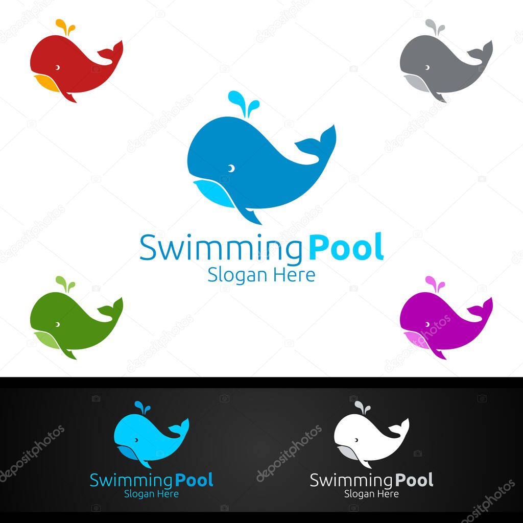 Whale Swimming Pool Service Logo with Cleaning Pool and Maintenance Concept Design