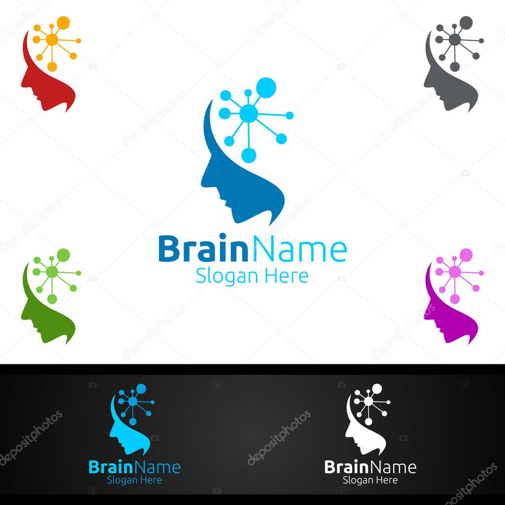 Human Brain Technology Logo with Think Idea Concept Vector Design