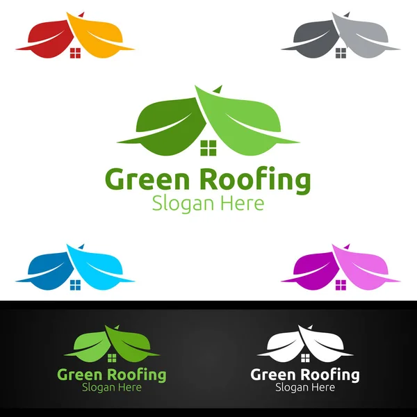 房屋设计或杂工建筑设计绿色屋面标志 — 图库矢量图片
