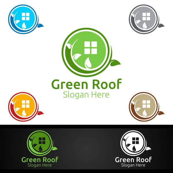 Logo Tejado Verde Para Propiedad Techo Inmobiliaria Handyman Arquitectura Diseño — Vector de stock