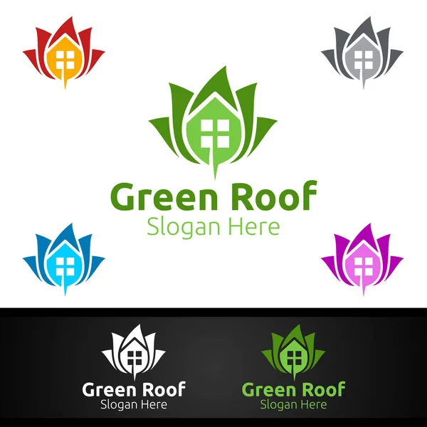 房屋设计或杂工建筑设计绿色屋面标志 — 图库矢量图片