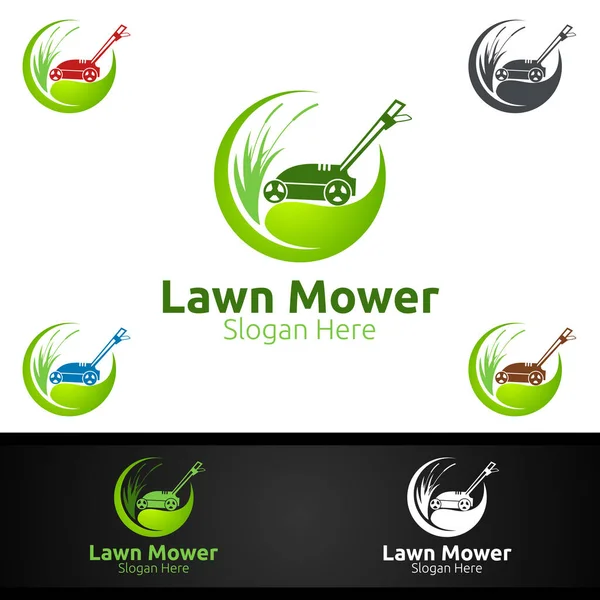 芝生の芝刈り機のための芝生の芝刈り機のロゴベクトルデザイン — ストックベクタ