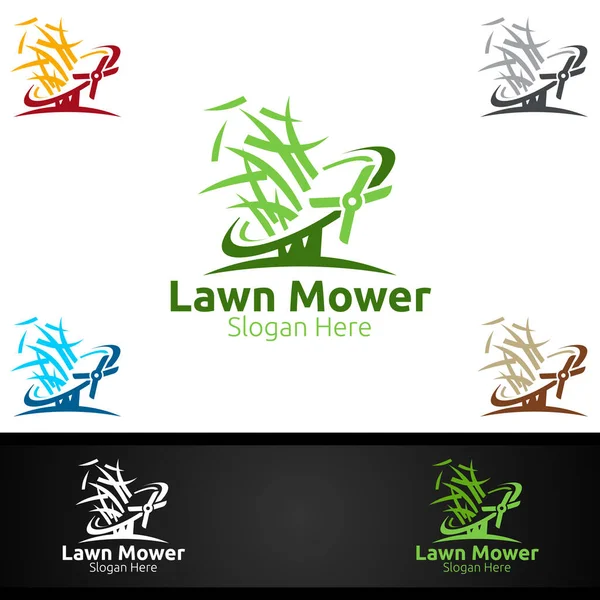 芝生の芝刈り機のための芝生の芝刈り機のロゴをカットベクトルデザイン — ストックベクタ