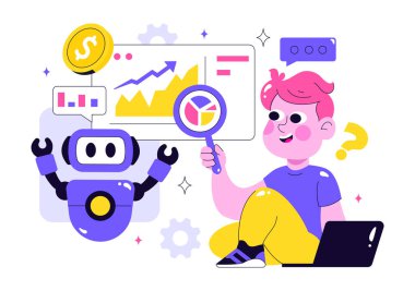 İş Vektörü İllüstrasyonunda Yapay Zeka Program, Veri ve Sistemlerle Dijital Beyin Teknolojisi ve Mühendislik Konsepti