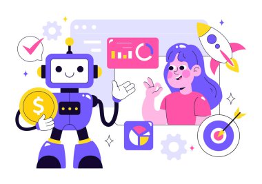 İş Vektörü İllüstrasyonunda Yapay Zeka Program, Veri ve Sistemlerle Dijital Beyin Teknolojisi ve Mühendislik Konsepti